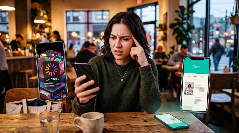 Overhyped website effects — heavy 3D scenes and scroll-hijacking slowing a mobile site