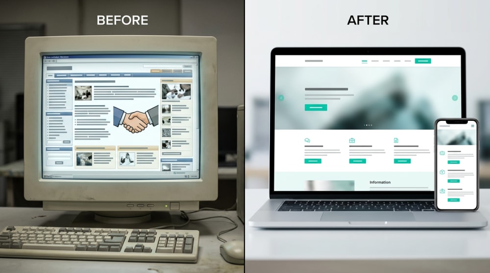 Before and after redesign comparison of a CA firm website, outdated template versus clean professional design