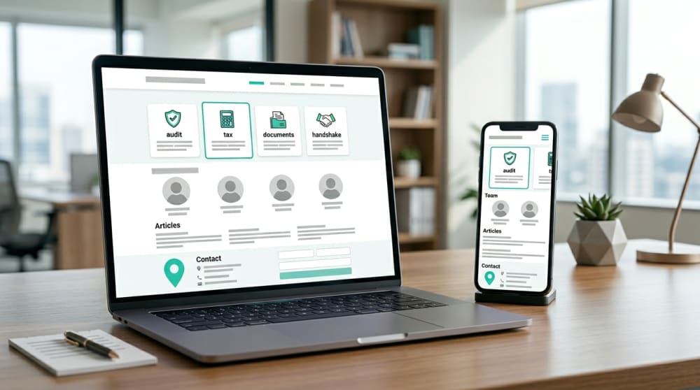 Homepage layout of a compliant chartered accountant firm website showing services, partner profiles and contact details