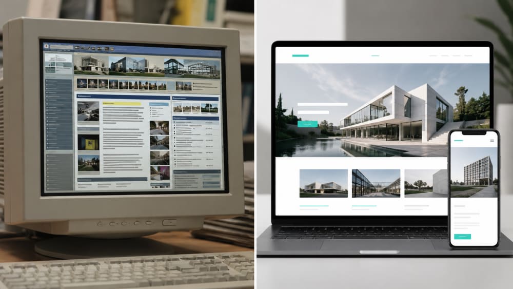 Before and after comparison of a dated architecture firm website and a sleek modern portfolio redesign