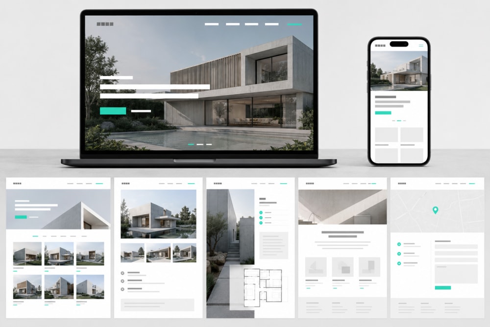 Wireframe of an architect portfolio website with project grid, studio profile and contact sections