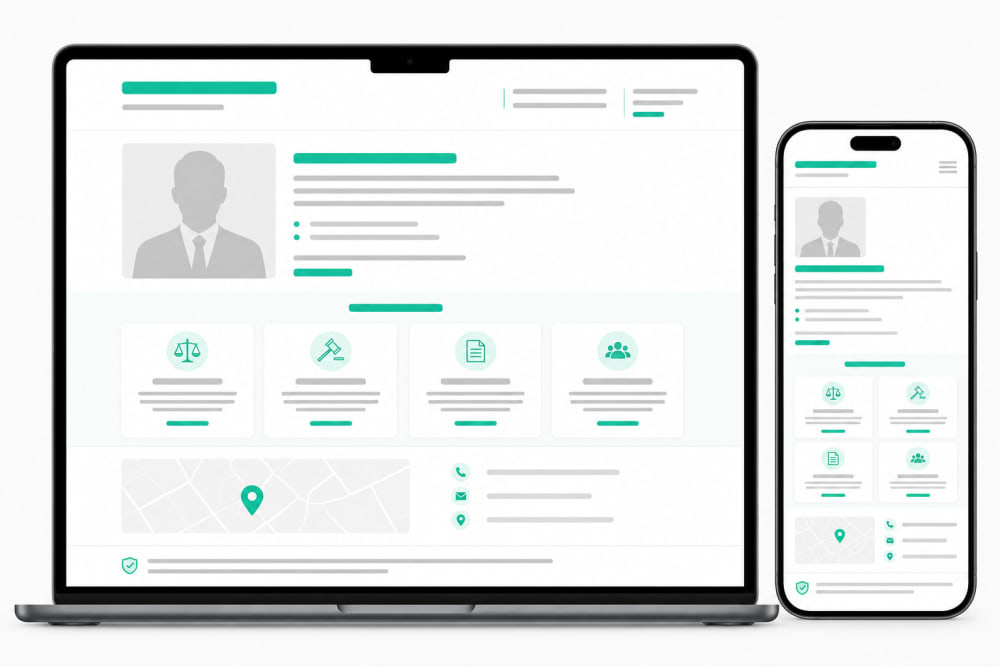 Wireframe of a Bar Council compliant website for lawyers in India with profile, practice areas and contact sections