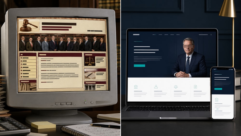 Comparison of an outdated advocate website template against a restrained modern law chambers design