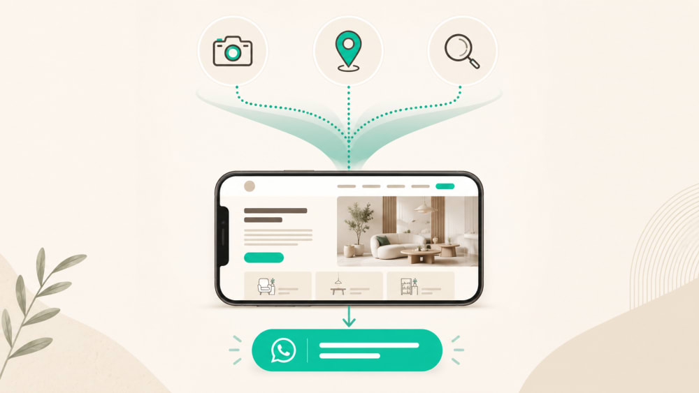 Discovery funnel diagram showing Instagram and Google leading to an interior designer's website enquiry form