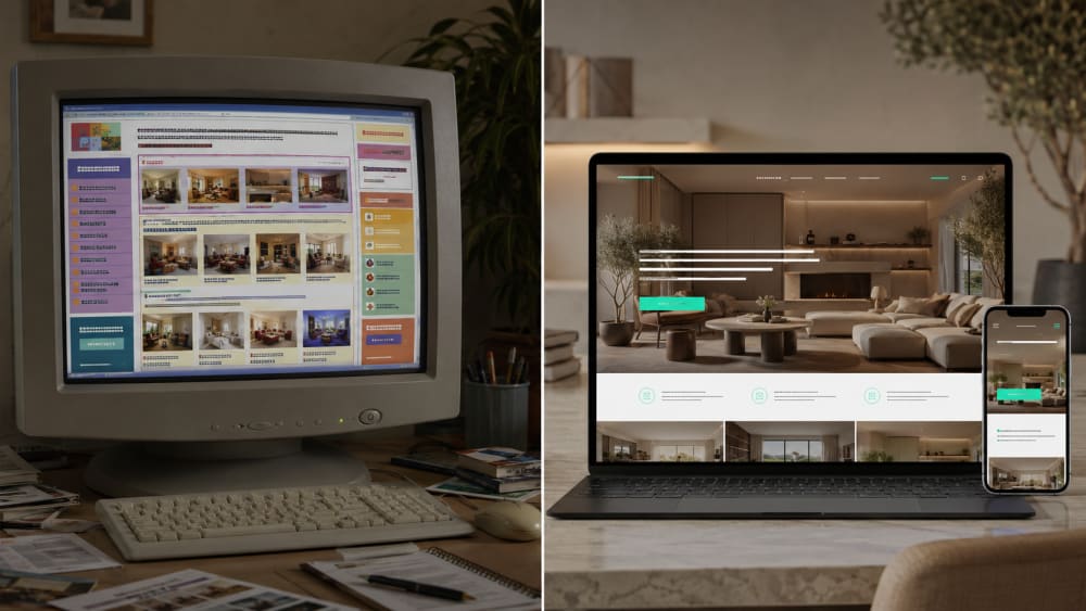 Before and after comparison of a dated interior design website and a modern full-screen portfolio redesign