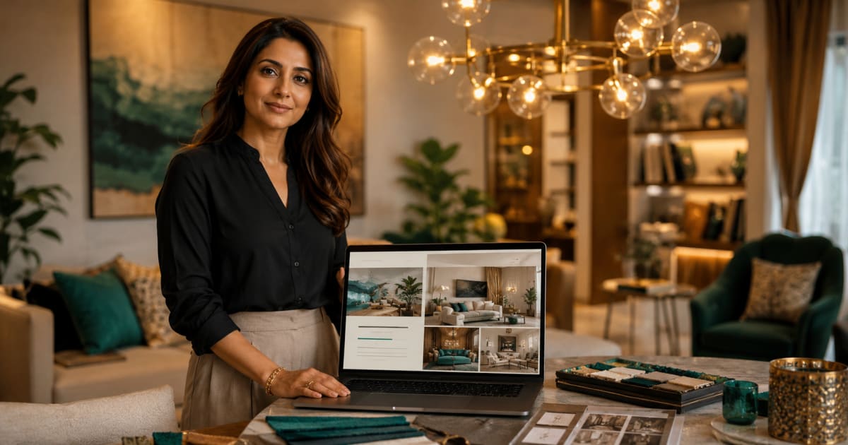 Website for interior designers in India — designer in a styled room reviewing her portfolio website