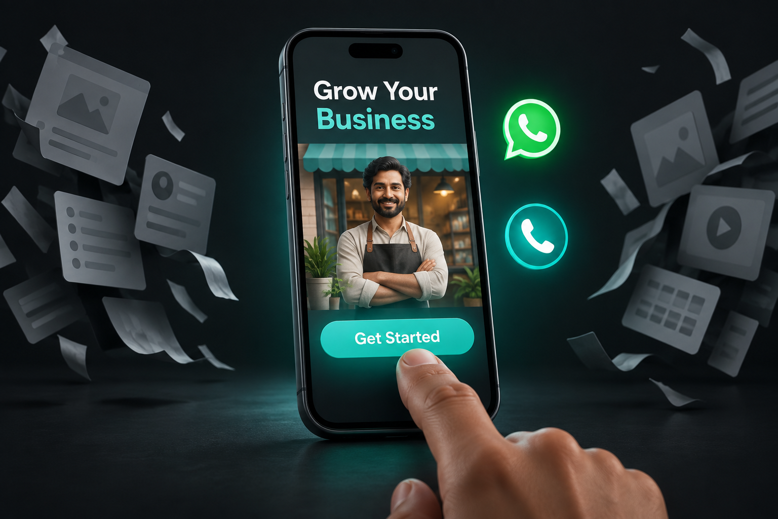A smartphone showing a clean small-business website with one clear call-to-action and a floating WhatsApp button.