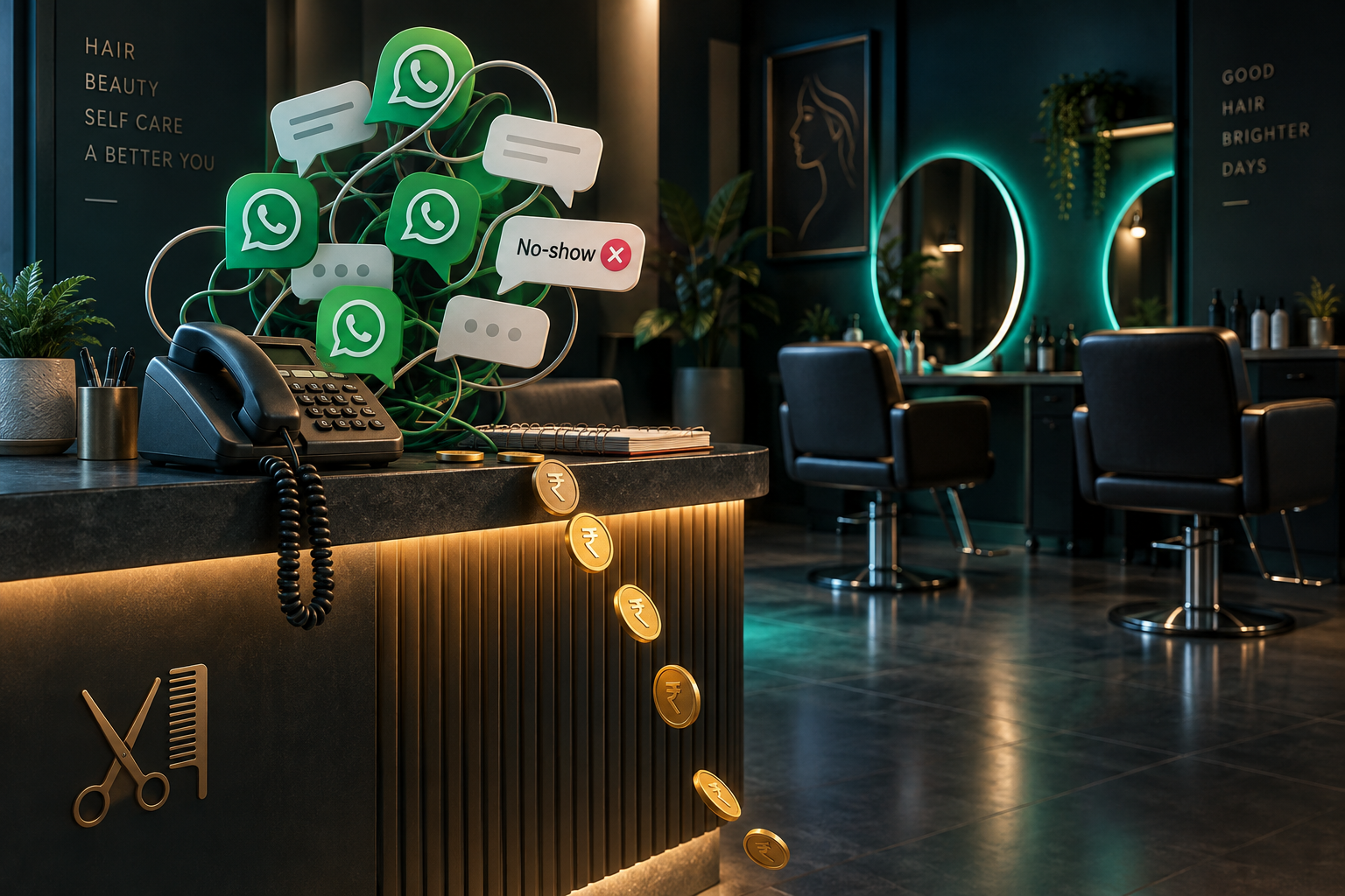 Tangled WhatsApp chats and a ringing phone with rupee coins slipping away, showing how manual salon booking leaks money.