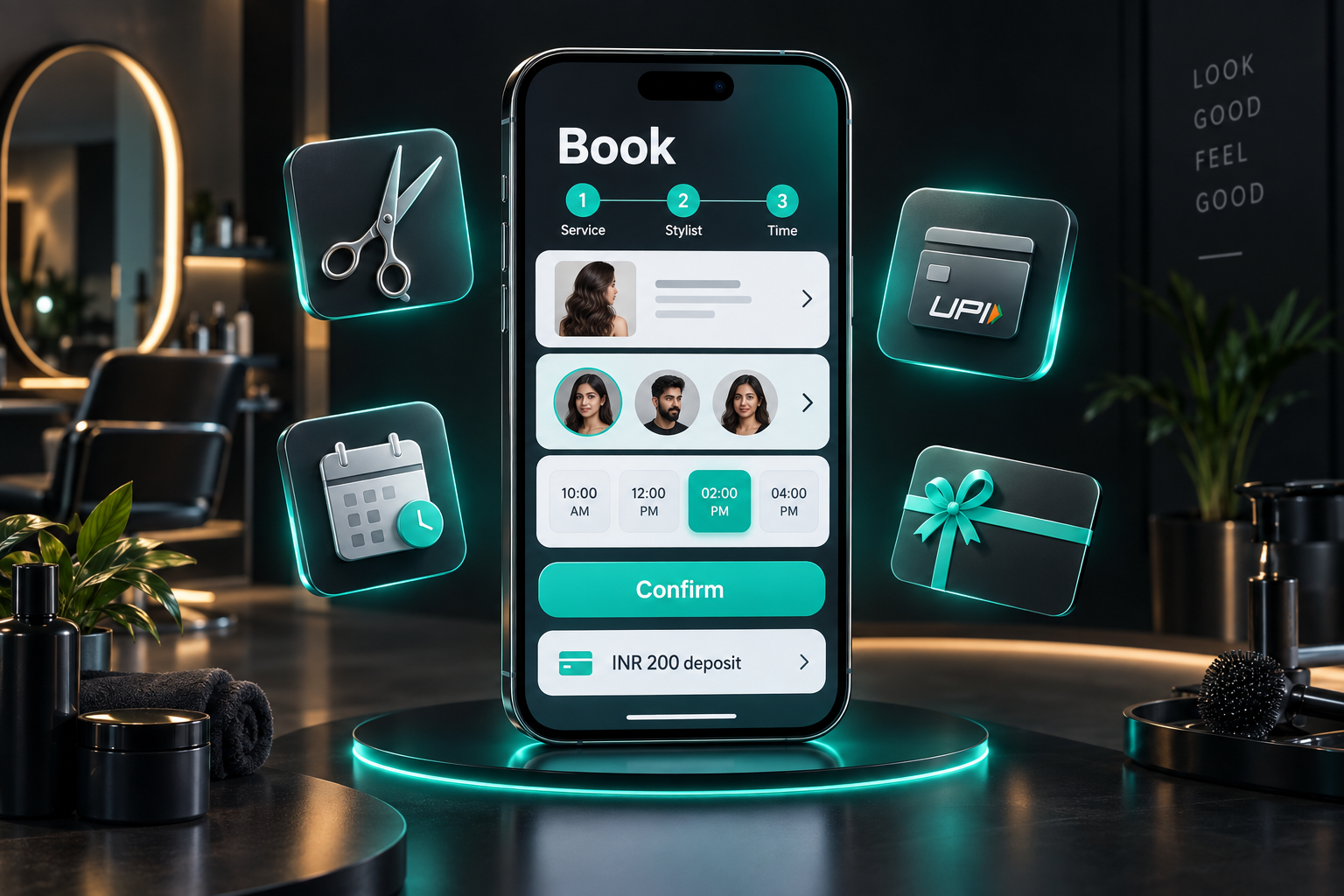 Phone showing online appointment booking for salons with service, stylist, time slot and a deposit.