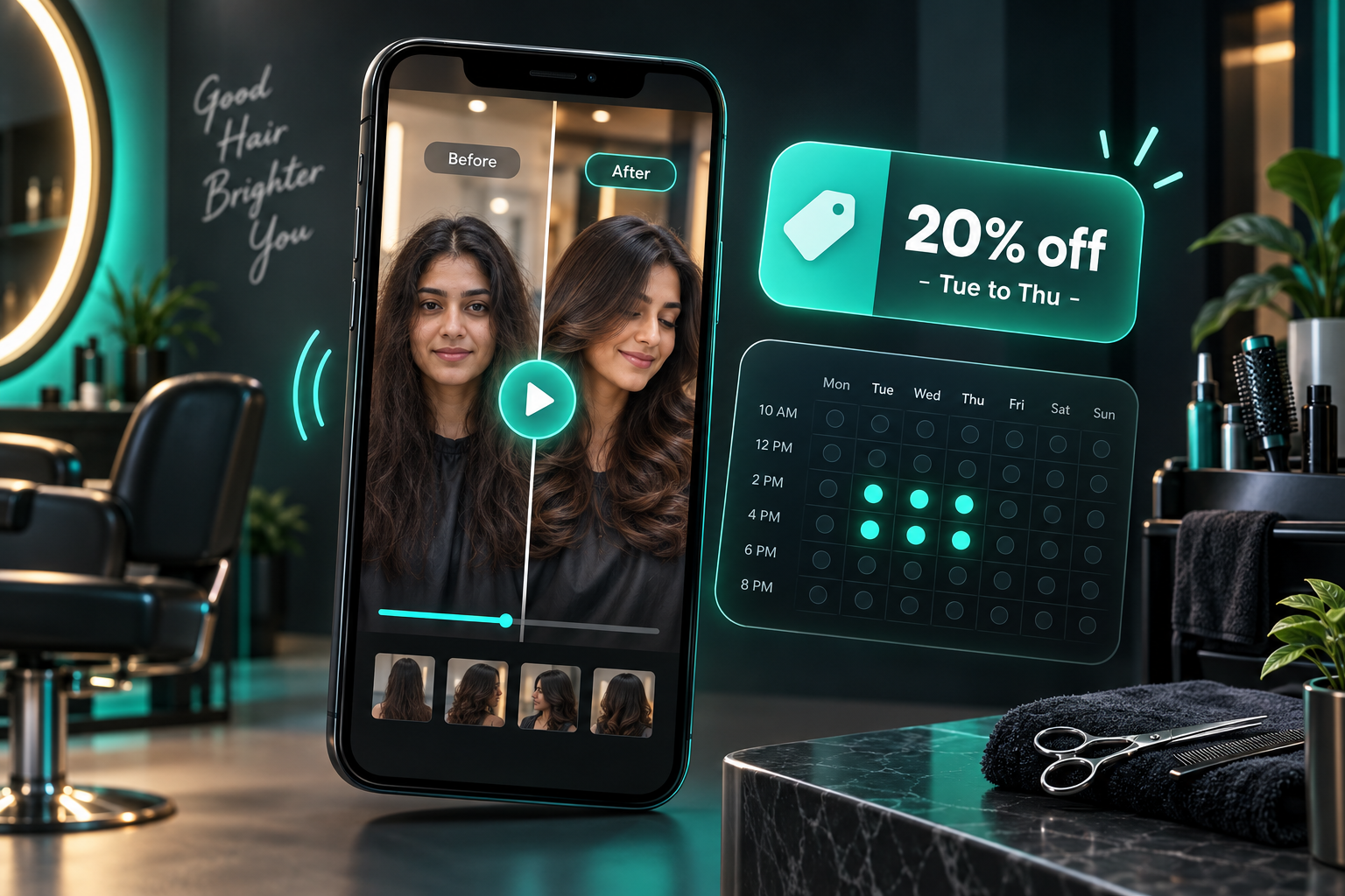 Salon transformation reel on a phone next to an off-peak offer card filling afternoon booking slots.