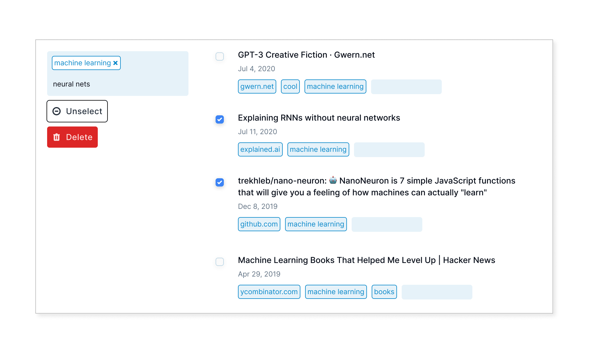 Select multiple links to bulk add tags