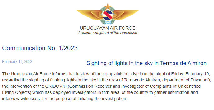 Uruguayan Air Force Investigating Flashing Lights in the Sky
