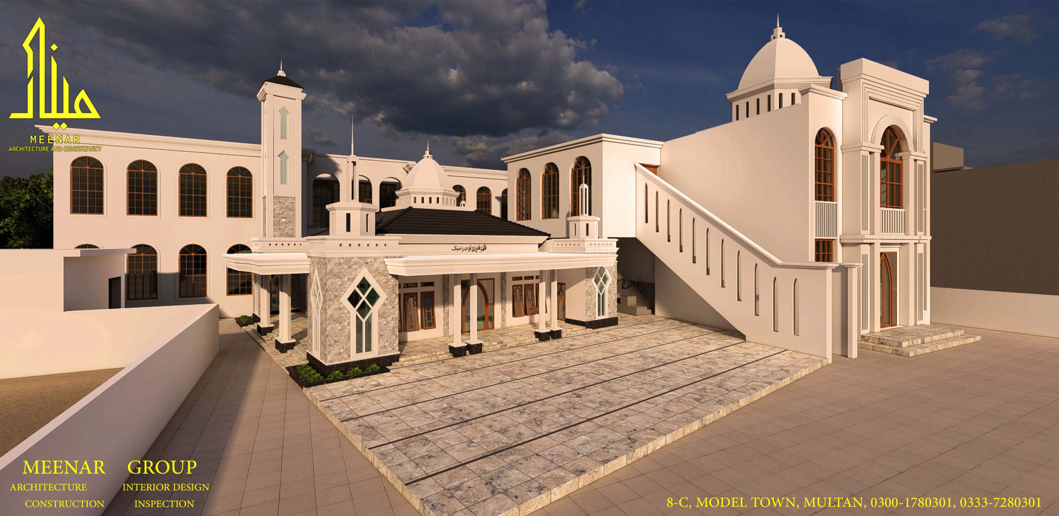 Cream mosque complex with a white dome and courtyard
