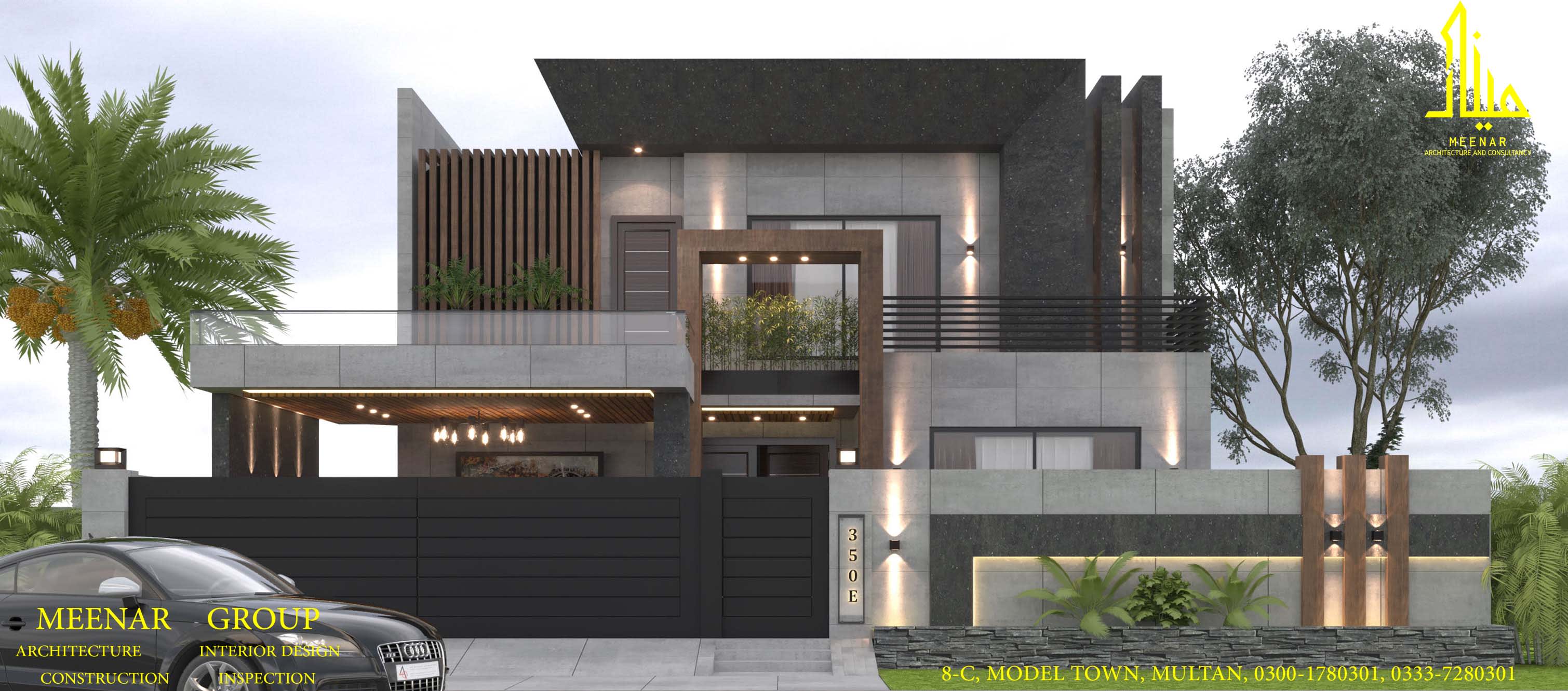 Modern dark-grey house with wooden screens and a car in the driveway