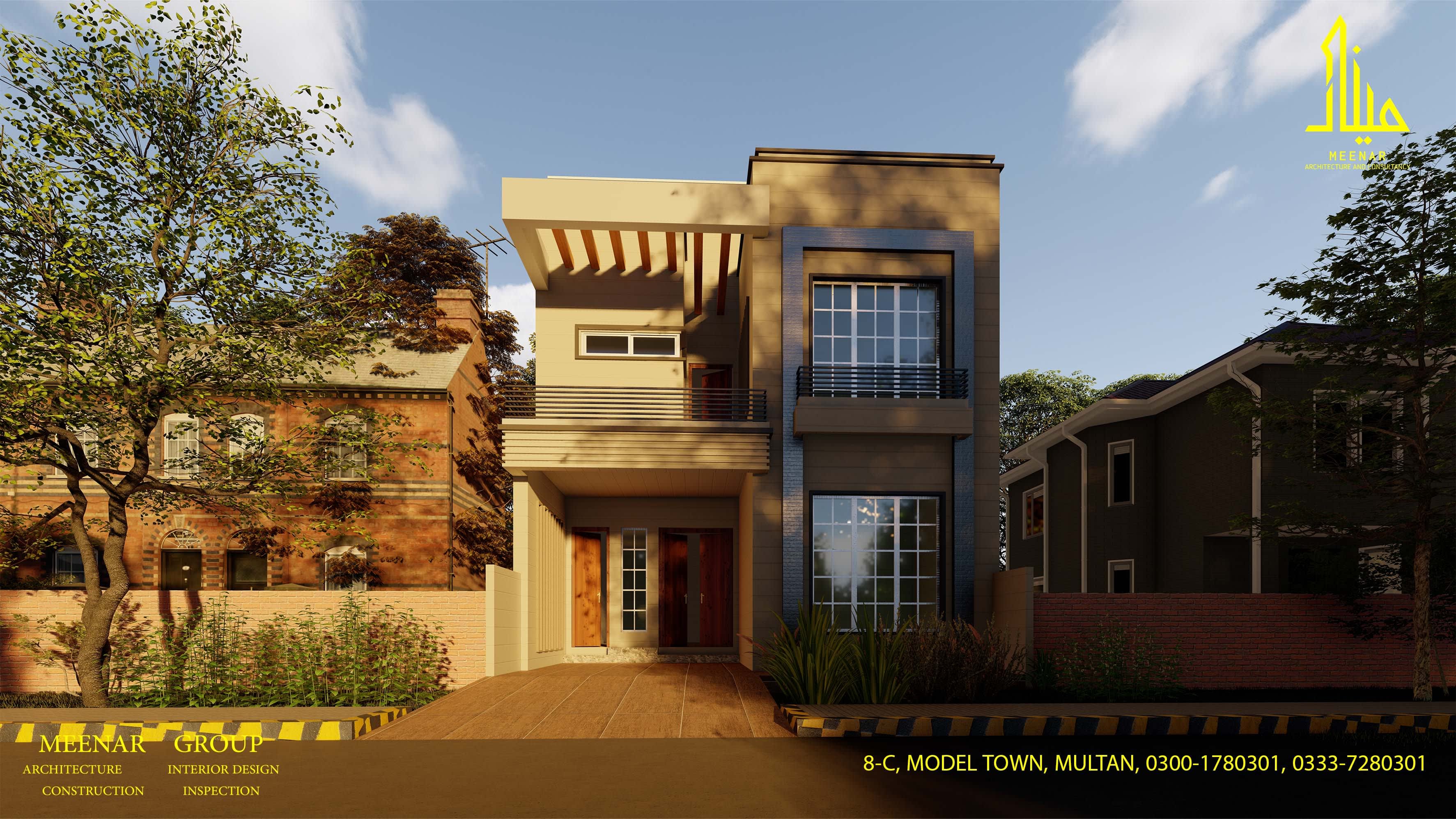 Two-storey townhouse with a timber pergola between brick houses