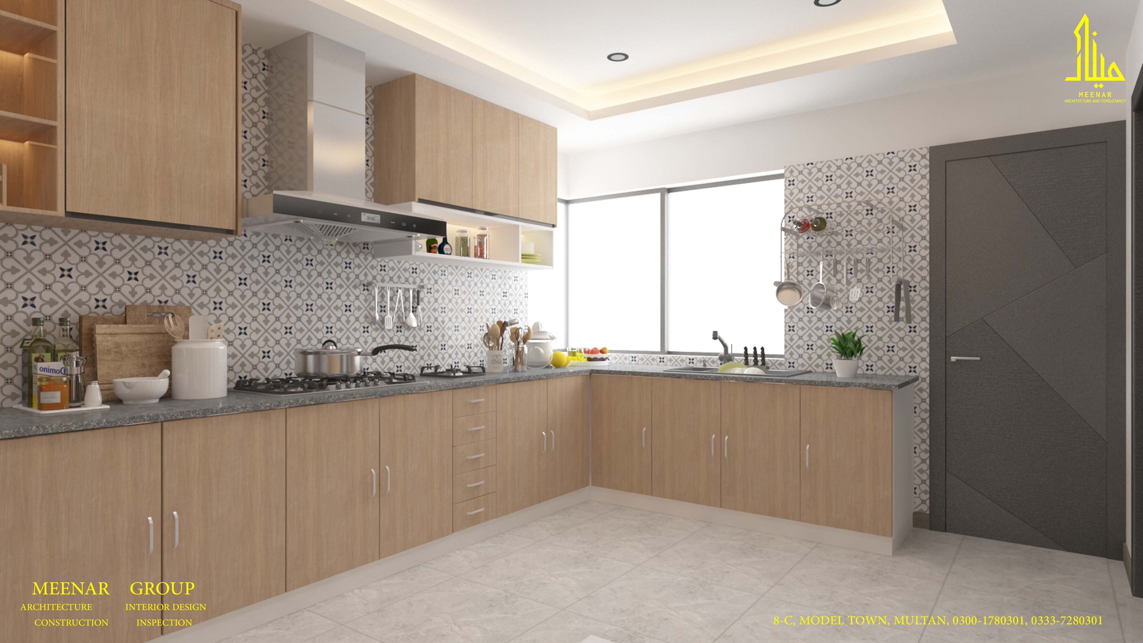 Kitchen with wooden cabinets and a patterned tile backsplash