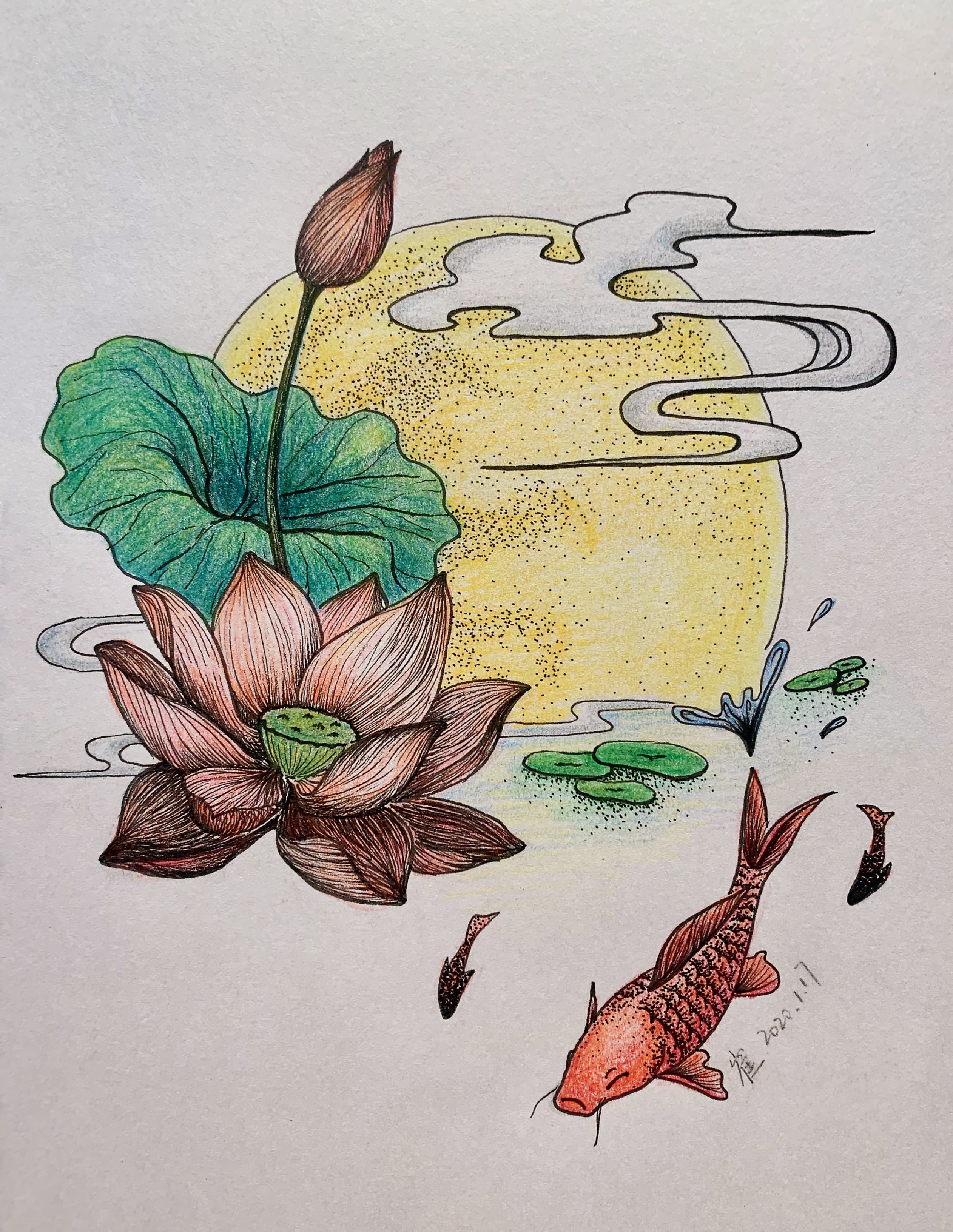 Hand-drawn illustration featuring a blooming lotus flower with green leaves, a full yellow moon with wisps of stylised clouds, and koi fish swimming in a pond with lily pads