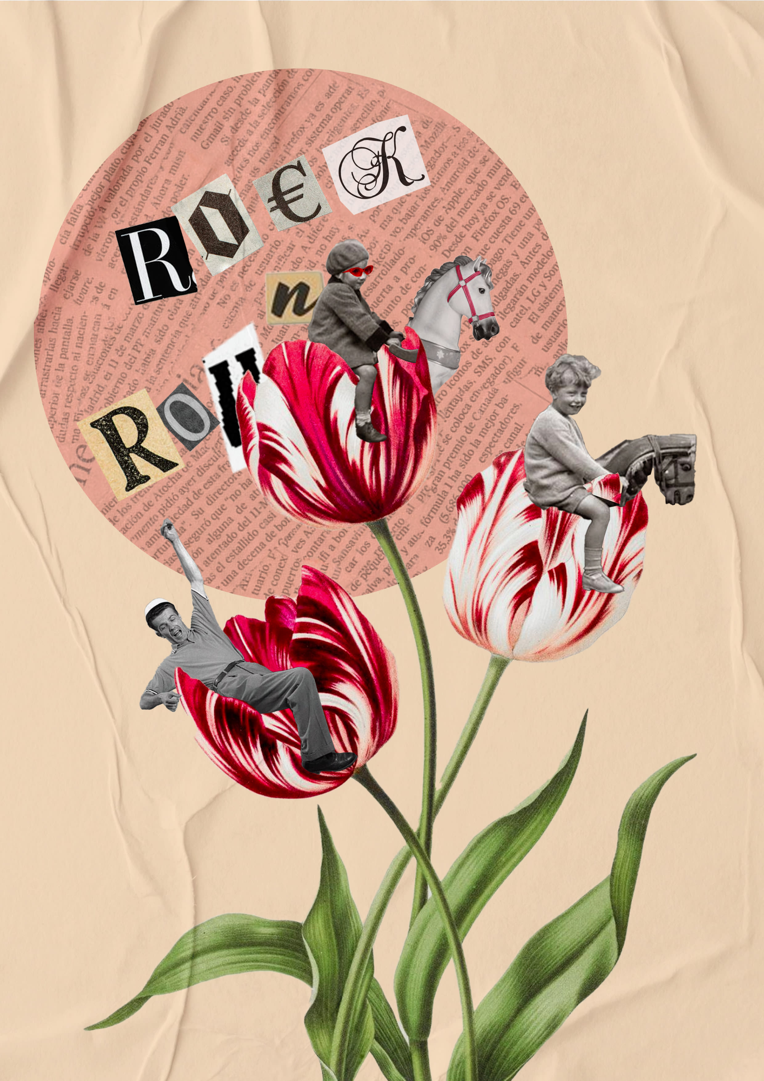 Digital collage, people riding on top of tulip rocking horses