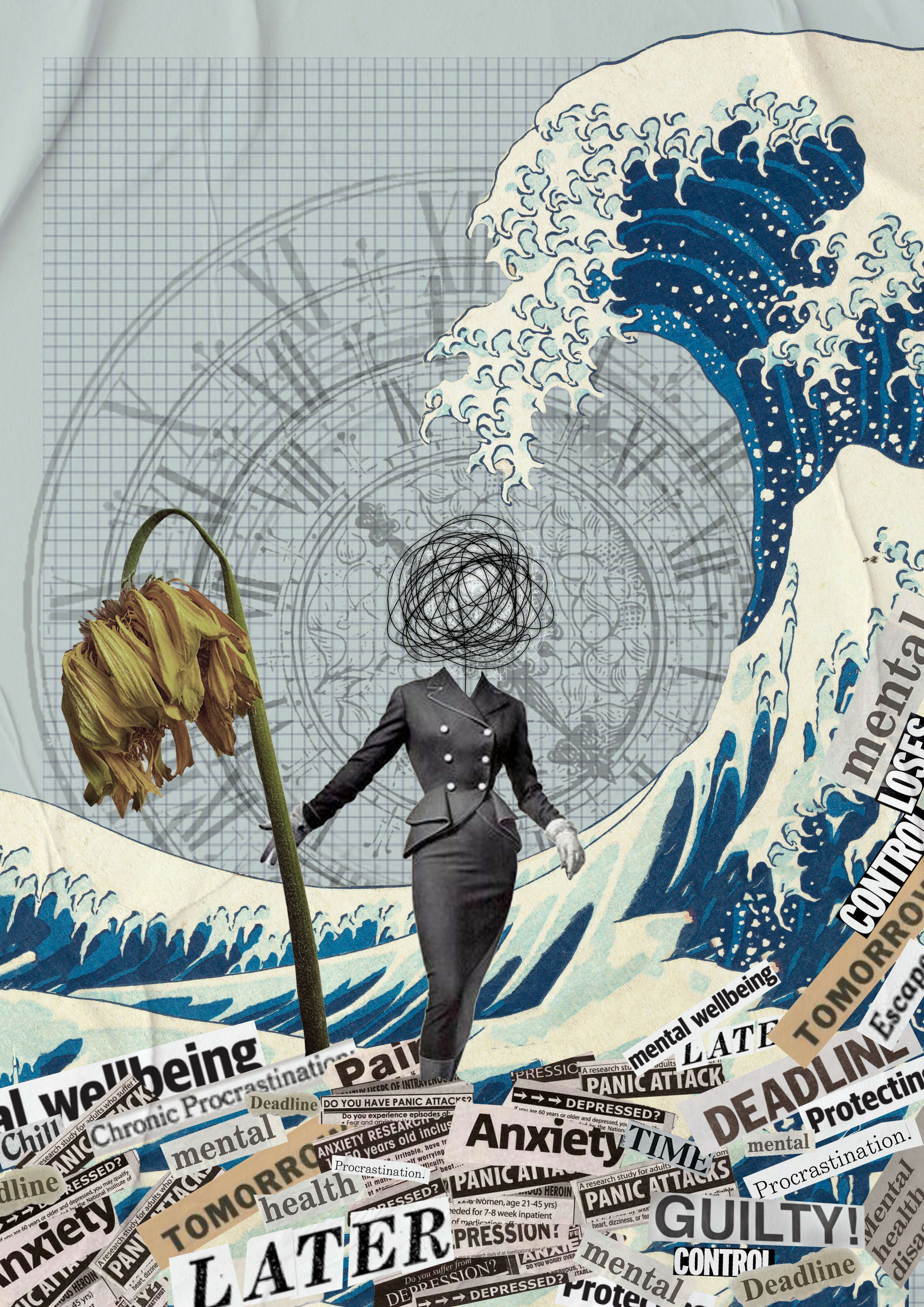 Digital collage, a person stand in the waves representing procrastination