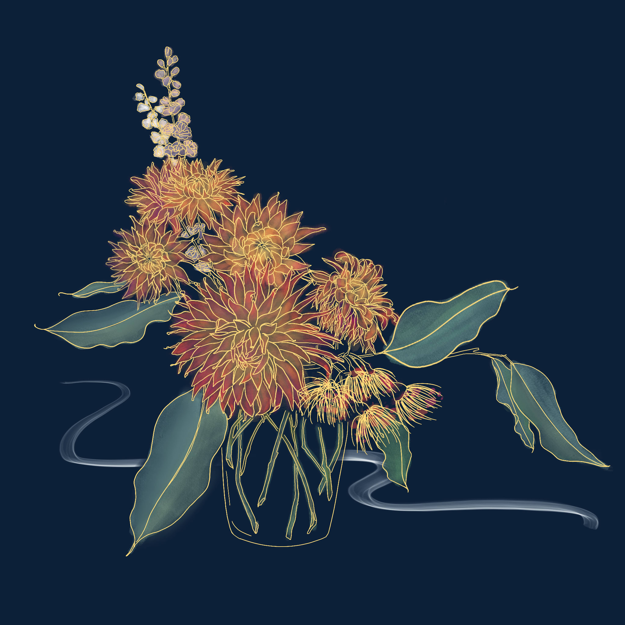 Digital drawing, a vase of golden and red flowers