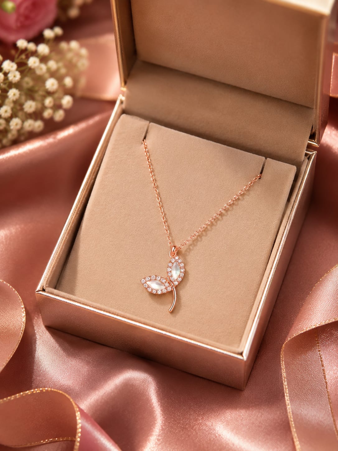 Rose Gold Plated Butterfly Wing Pendant Necklace with White Shell Inlay and Crystals for Women