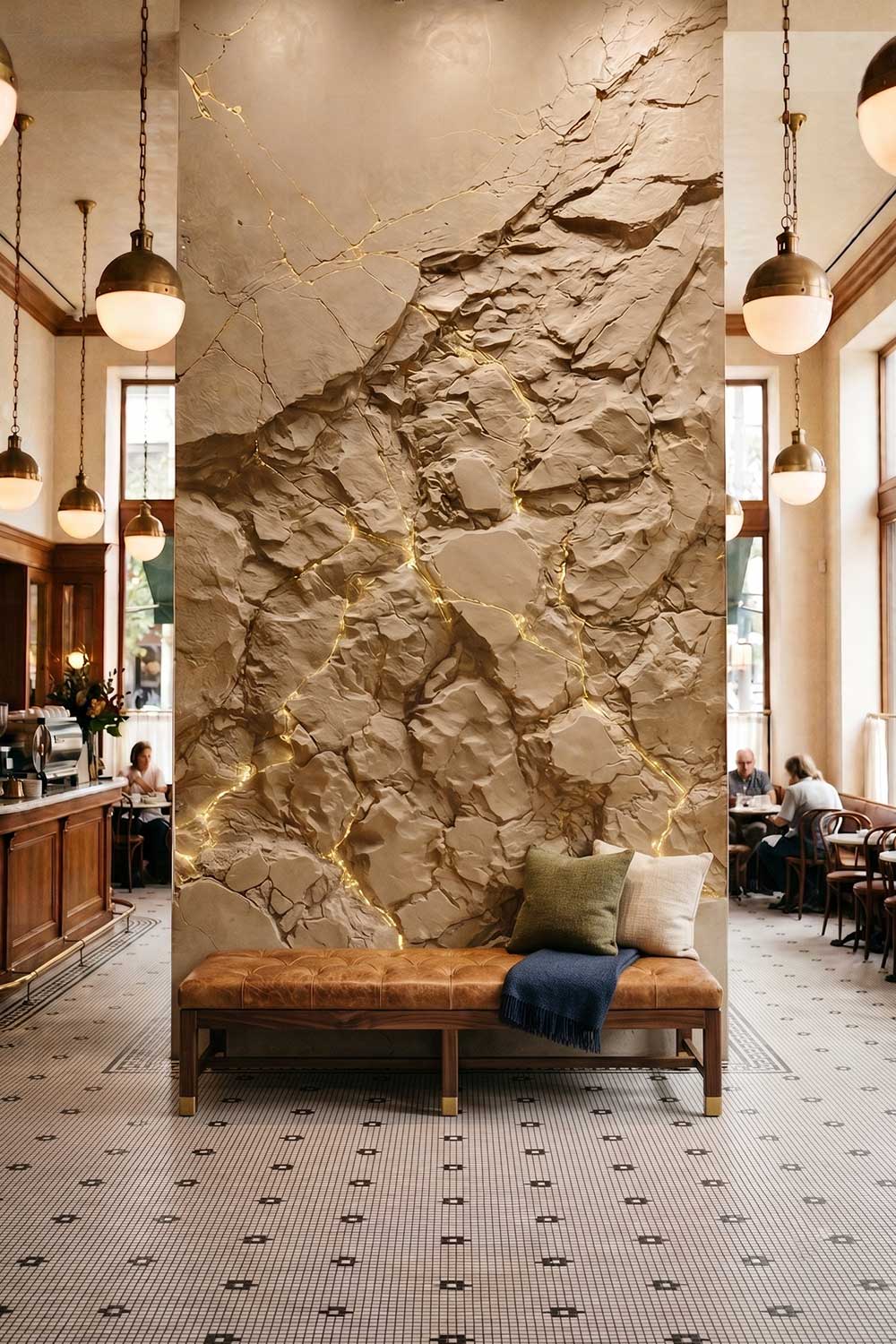 Modern kafe dekorasyonunda altın ışık detaylı taş ve kaya görünümlü duvar.