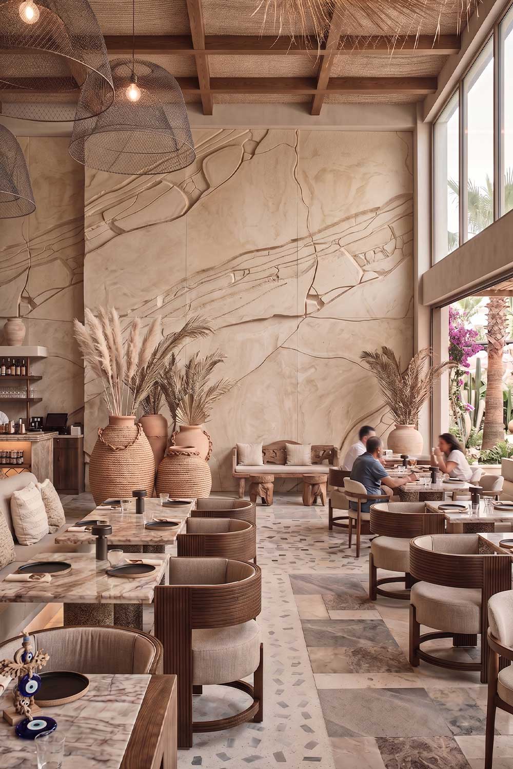 Modern restoran iç mekanında dramatik aydınlatmalı taş ve kaya görünümlü duvar.