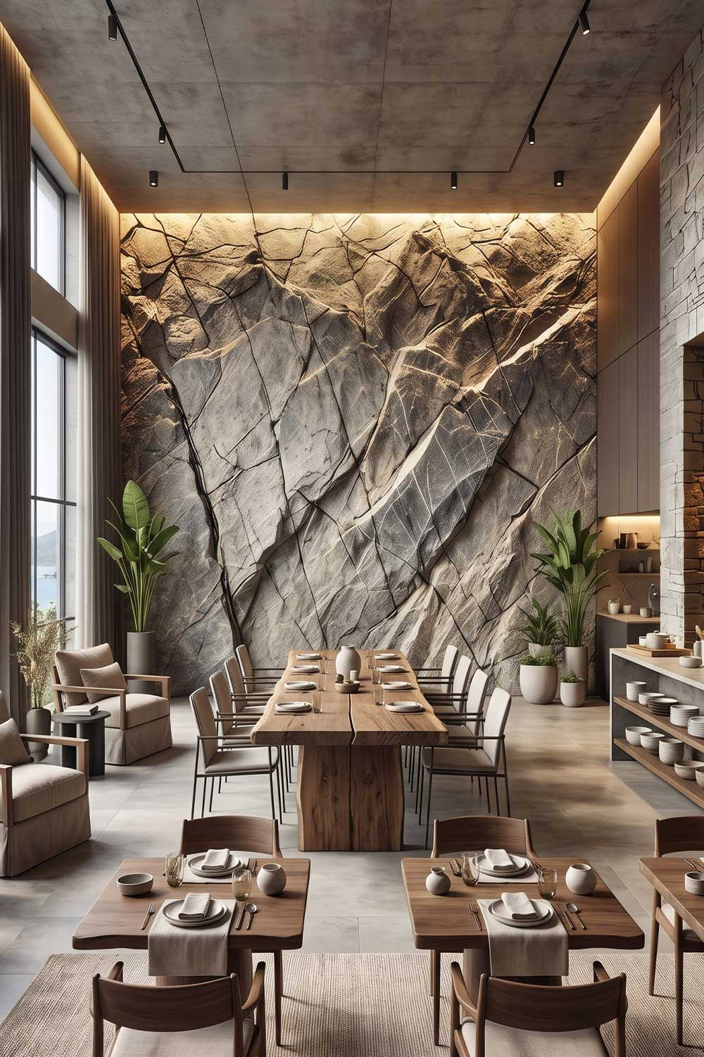 Lüks restoran salonunda ahşap yemek masası arkasında gri renkli taş ve kaya görünümlü duvar.