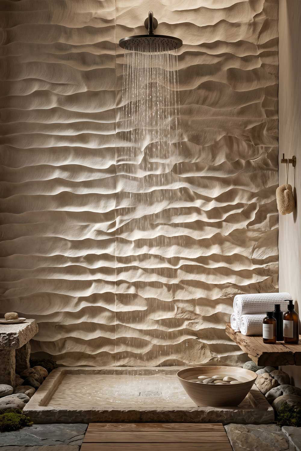 Modern banyo tasarımında duş arkası dalgalı taş ve kaya görünümlü duvar.