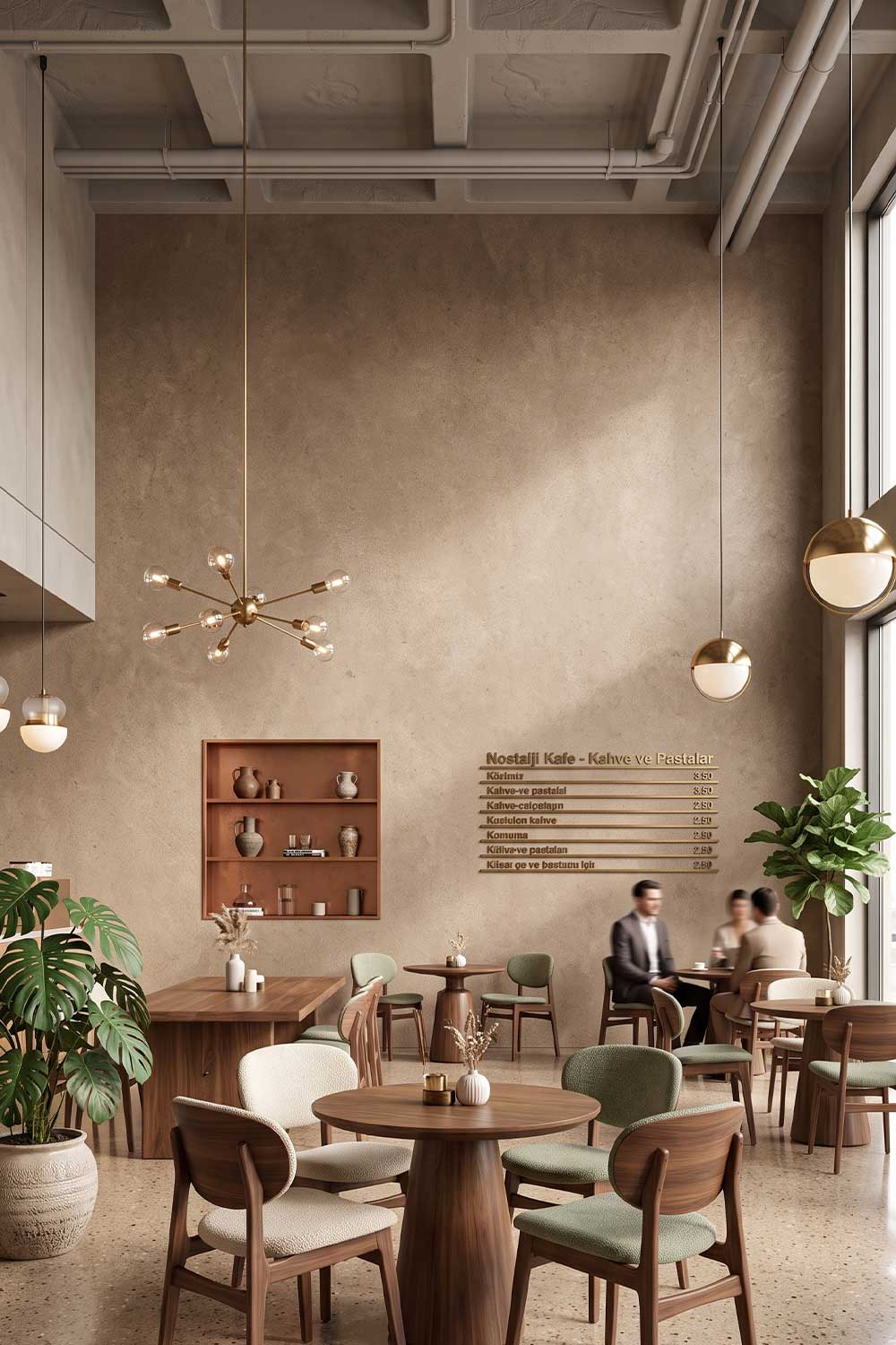 yüksek tavanlı modern bir cafe duvarına İtalyan Boya & Dekoratif Sıva uygulaması yapılmış
