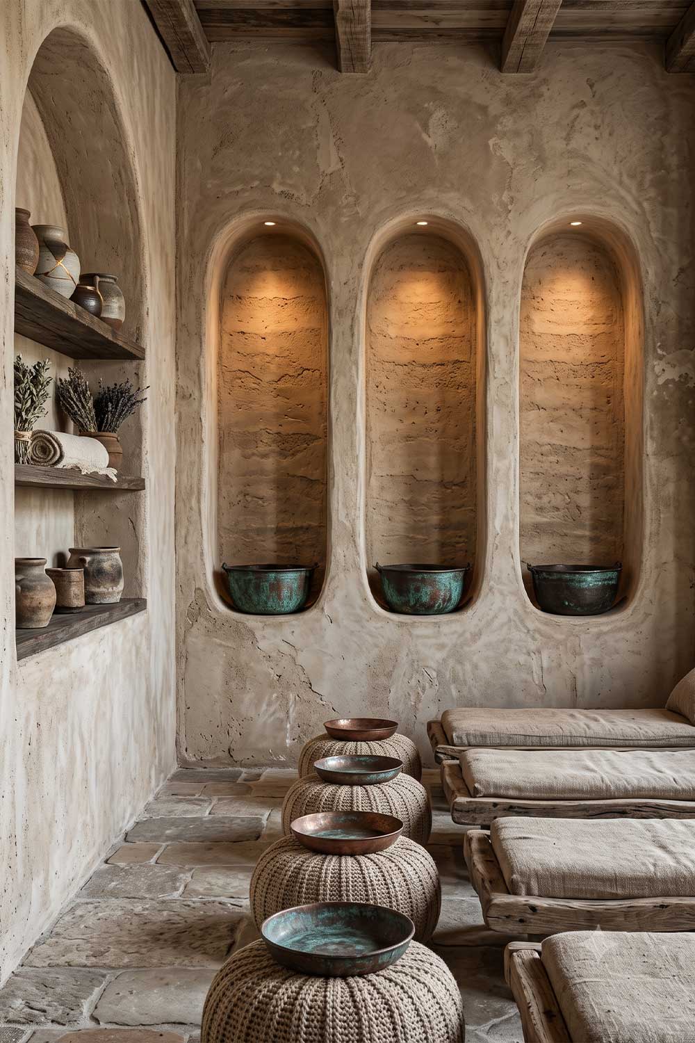 Wabi sabi tarzında masaj salonundaki duvarlarda organik niş tasarımları var.