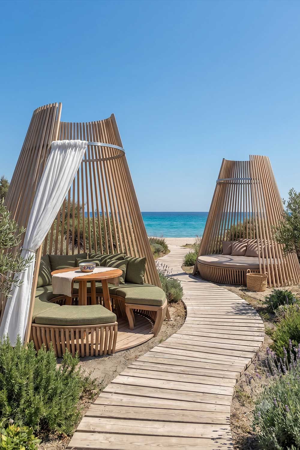 Sahil kenarında modern konik ahşap pergola tasarımı