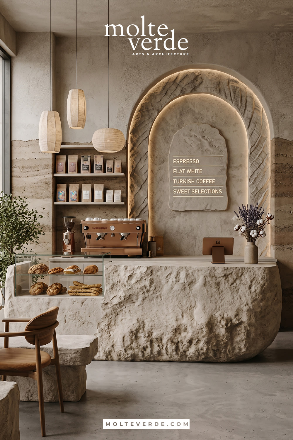 Doğal taş ve kaya görünümlü patisserie bankosu tasarımı
