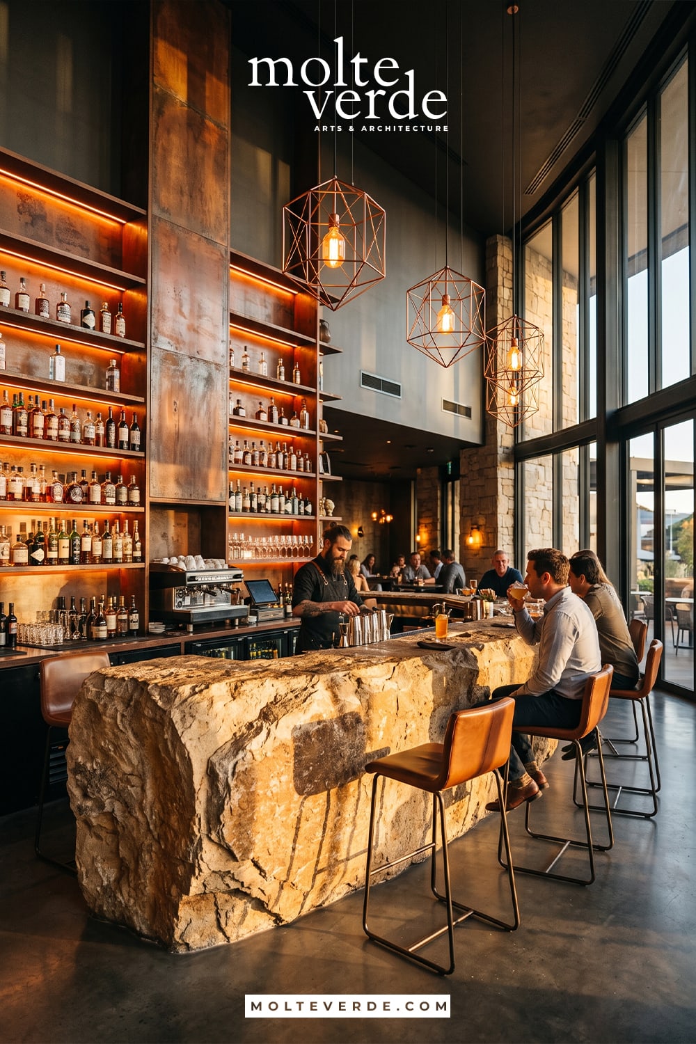 Doğal taş ve kaya görünümlü bar tasarımı