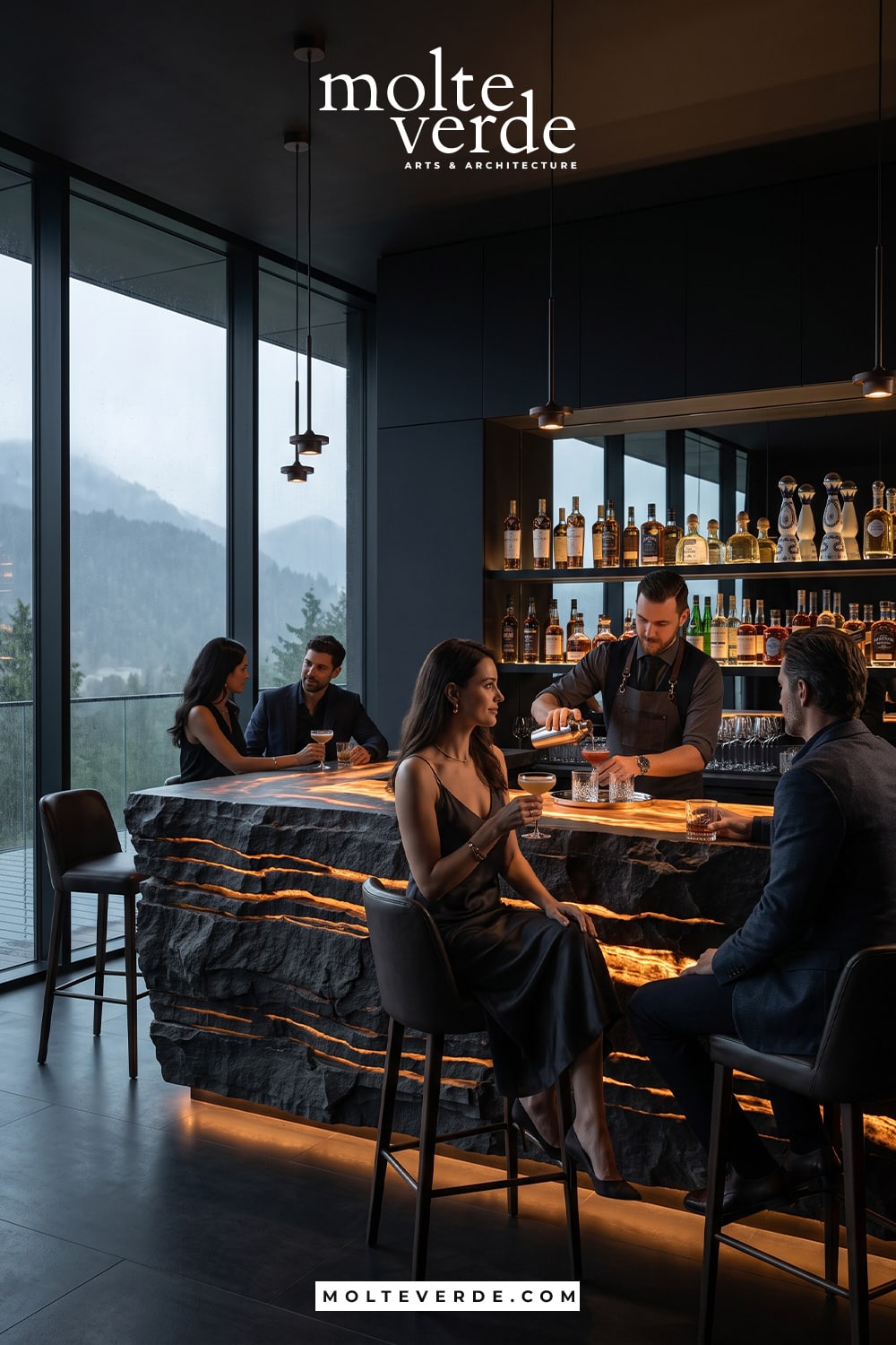 Doğal taş ve kaya görünümlü ışıklı bar tasarımı