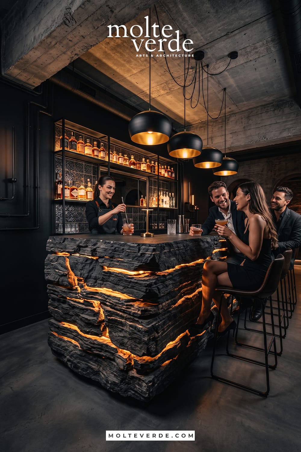 Doğal taş ve kaya görünümlü bar tasarımı
