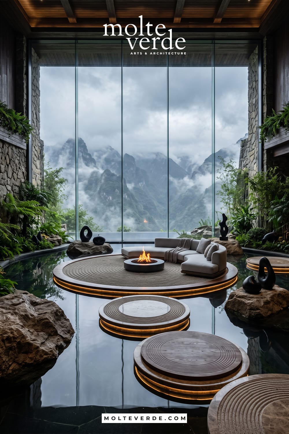 Spa merkezinde doğal yüzme havuzu tasarımı ve ateş çukuru tasarımı