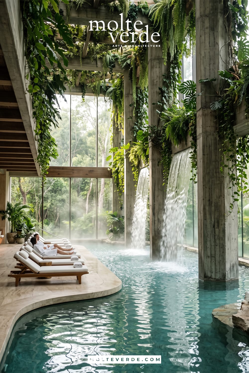 Spa merkezinde doğal yüzme havuzu tasarımı ve bitki sanatı