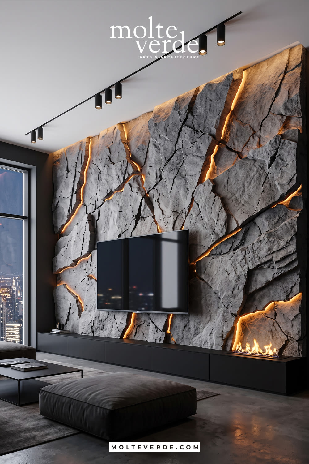 TV arkası led aydınlatmalı taş ve kaya görünümlü duvar tasarımı