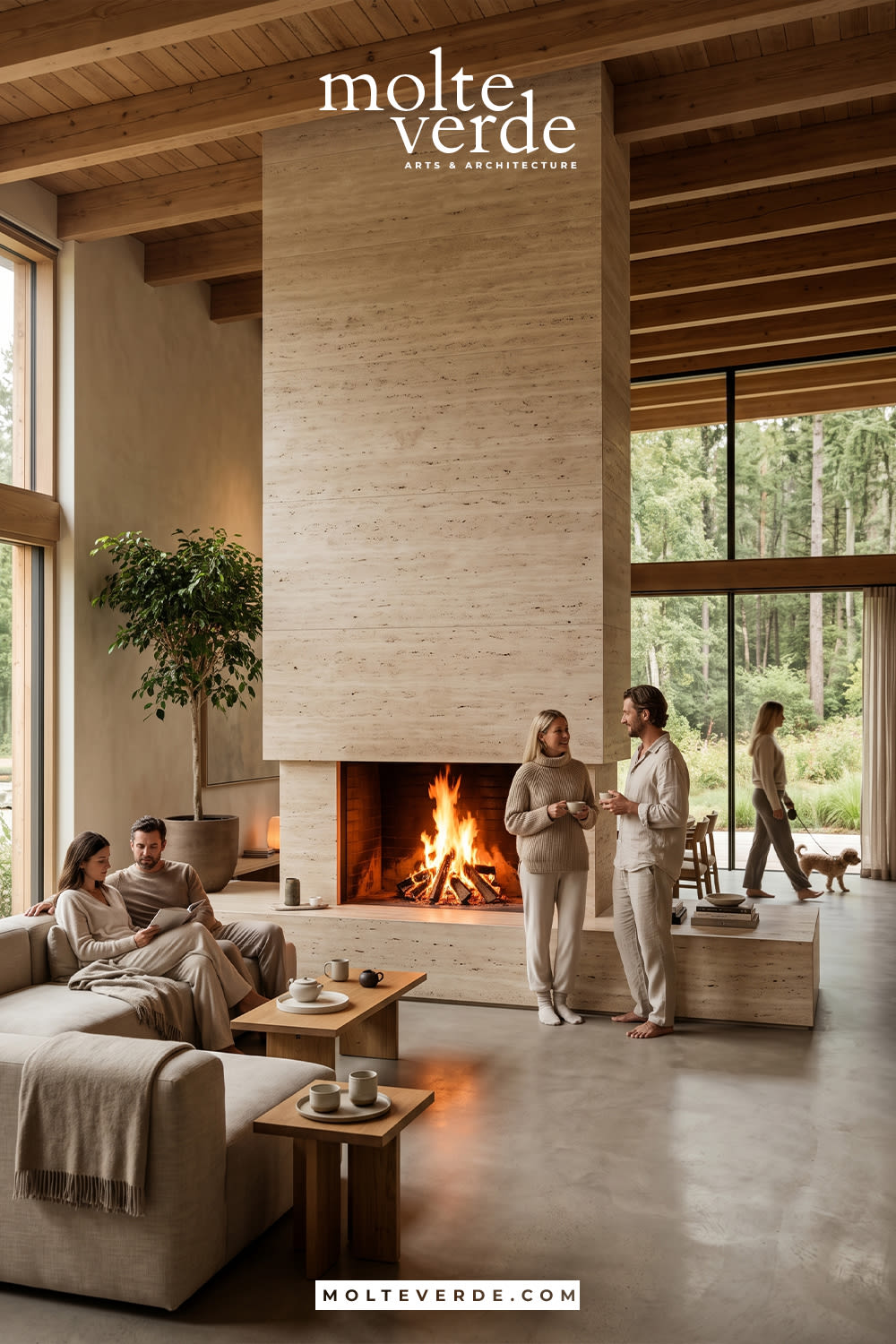 Wabi Sabi tarzında spa merkezi lobisinde traverten şömine tasarımı
