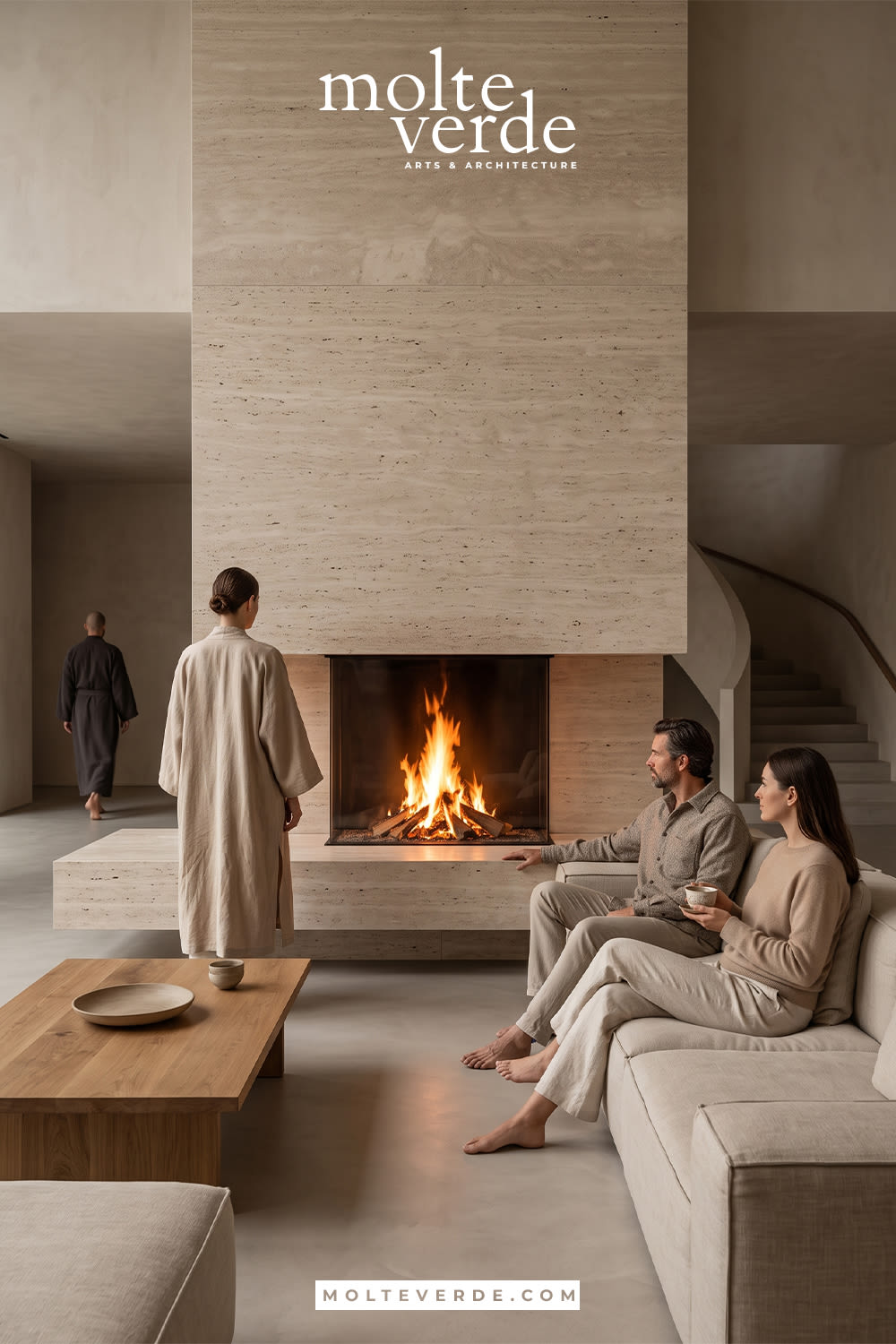 Wabi Sabi tarzda spa merkezinde traverten şömine tasarımı