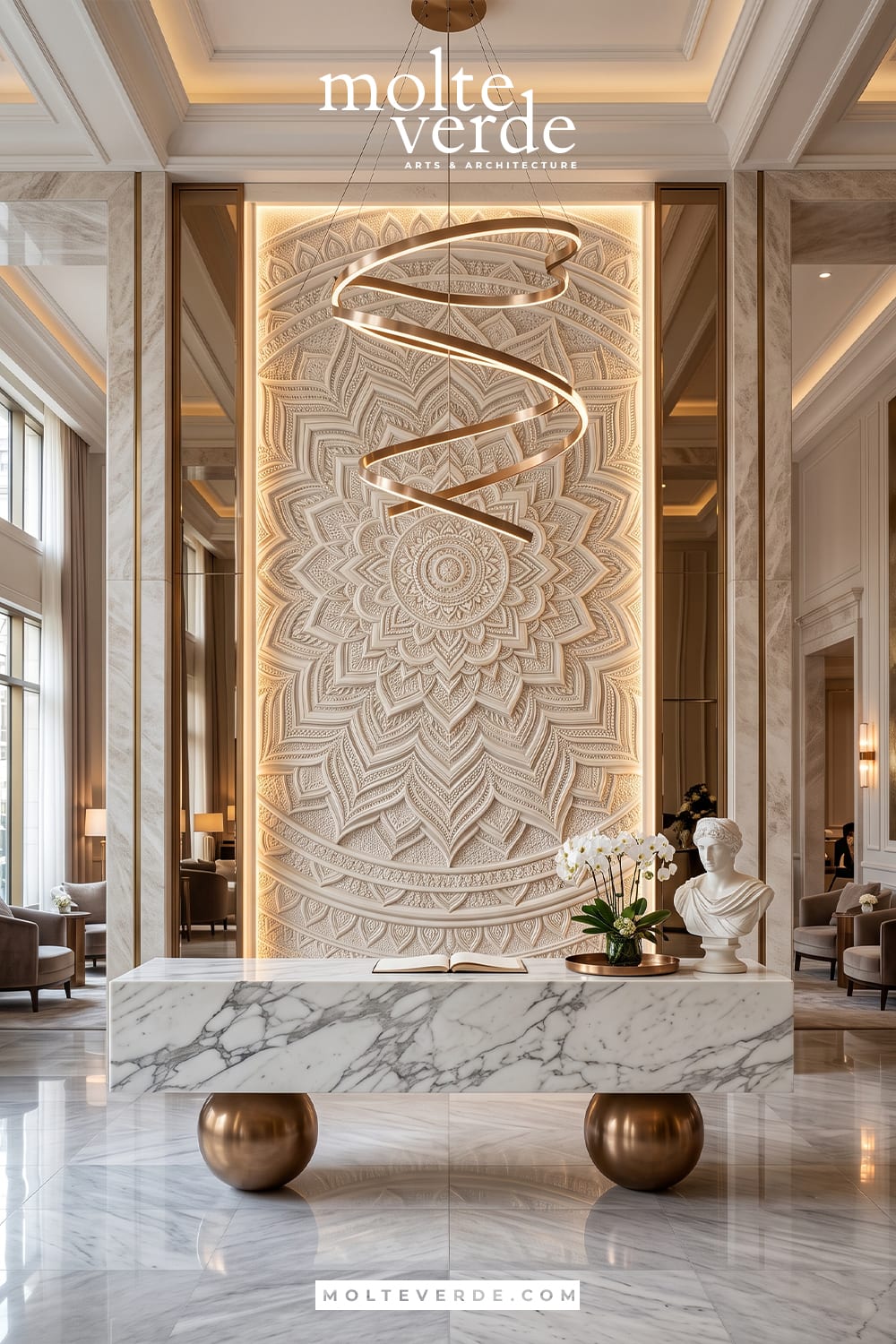 Lüks otel lobisinde mermer banko arkası mandala desenli 3 boyutlu duvar rölyefi tasarımı