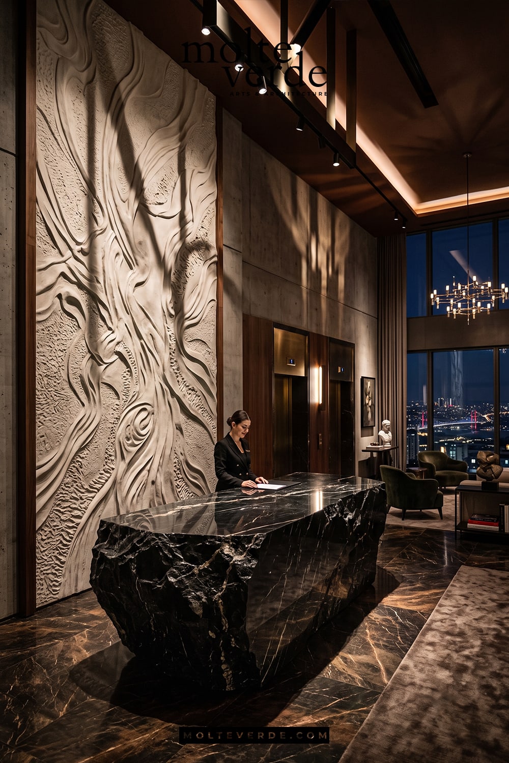 Lüks bir penthouse da siyah mermerden banko tasarımı