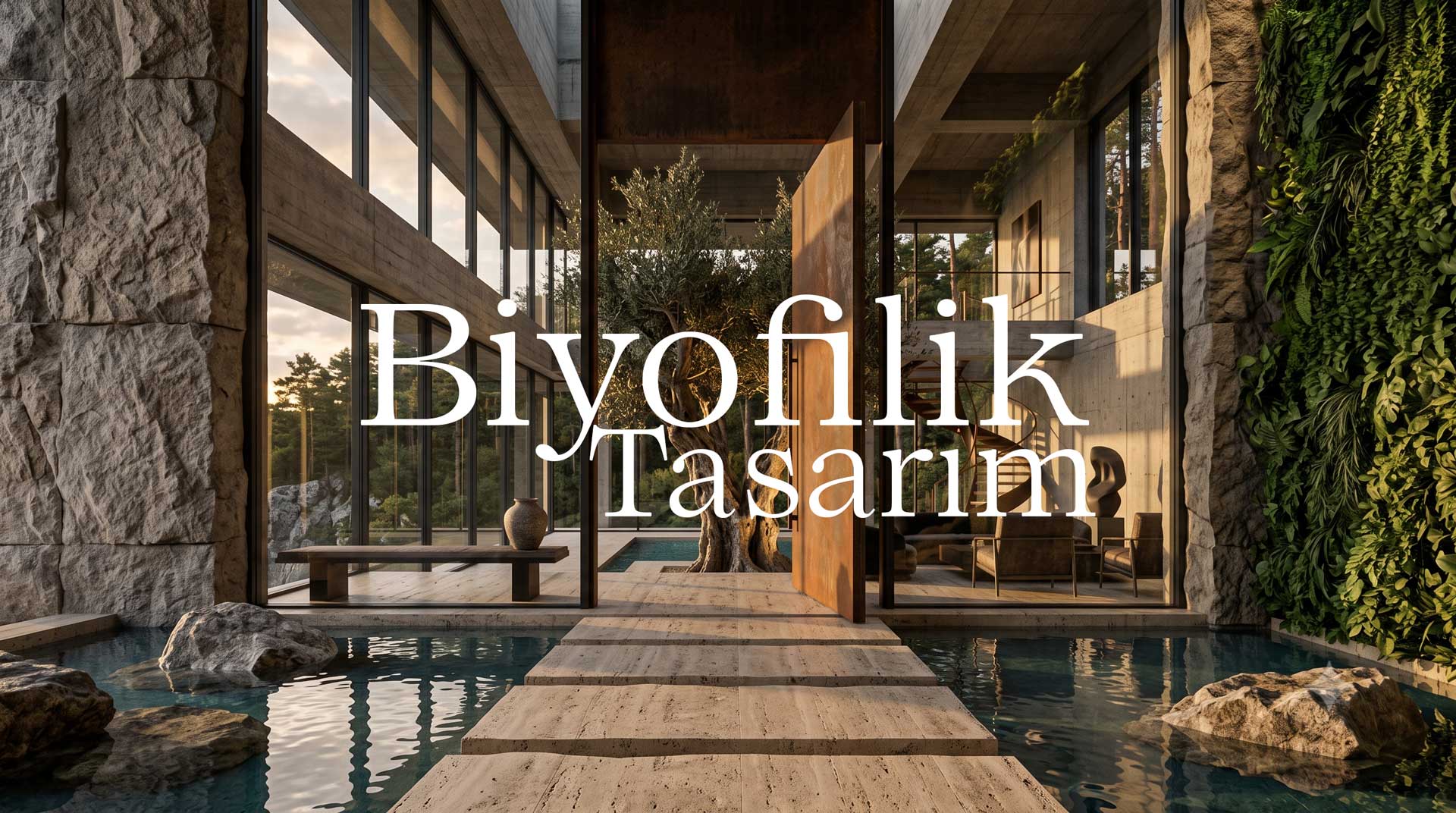 Biyofilik tasarıma sahip bina tasarımı ve süs havuzu tasarımı