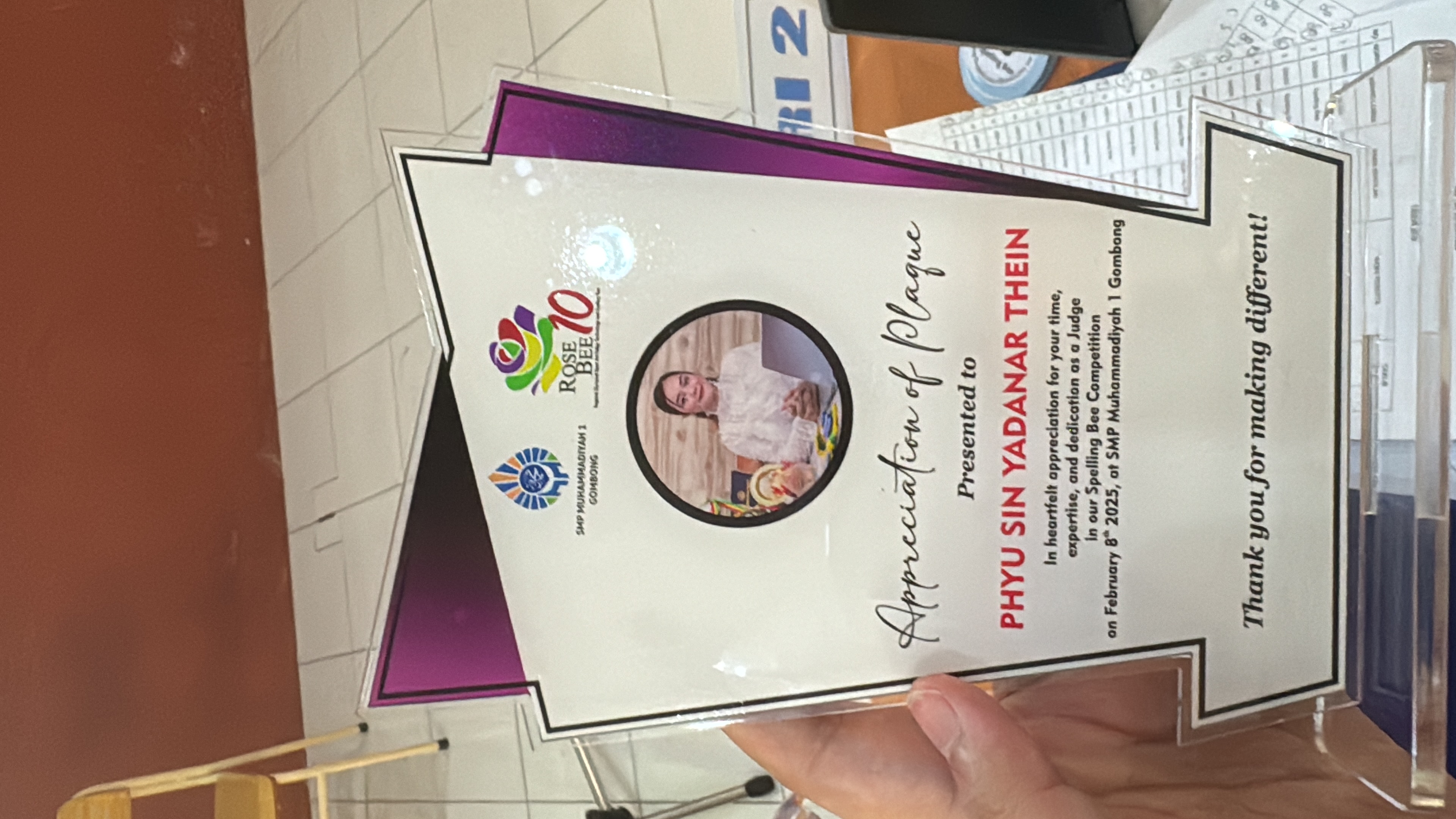 Official Plaque of Appreciation as Spelling Bee Competition Judge
