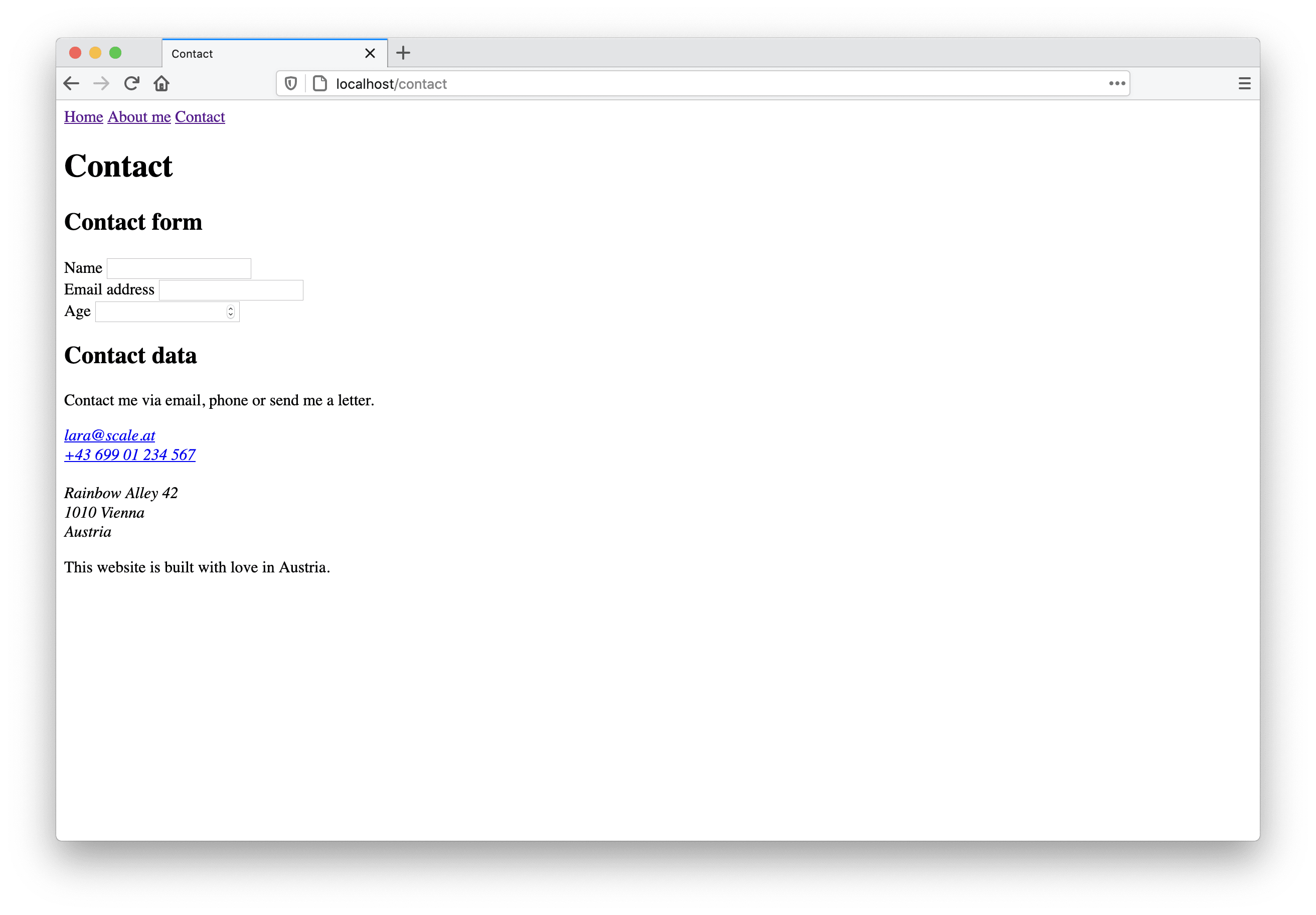 The contact page with a first version of the contact form