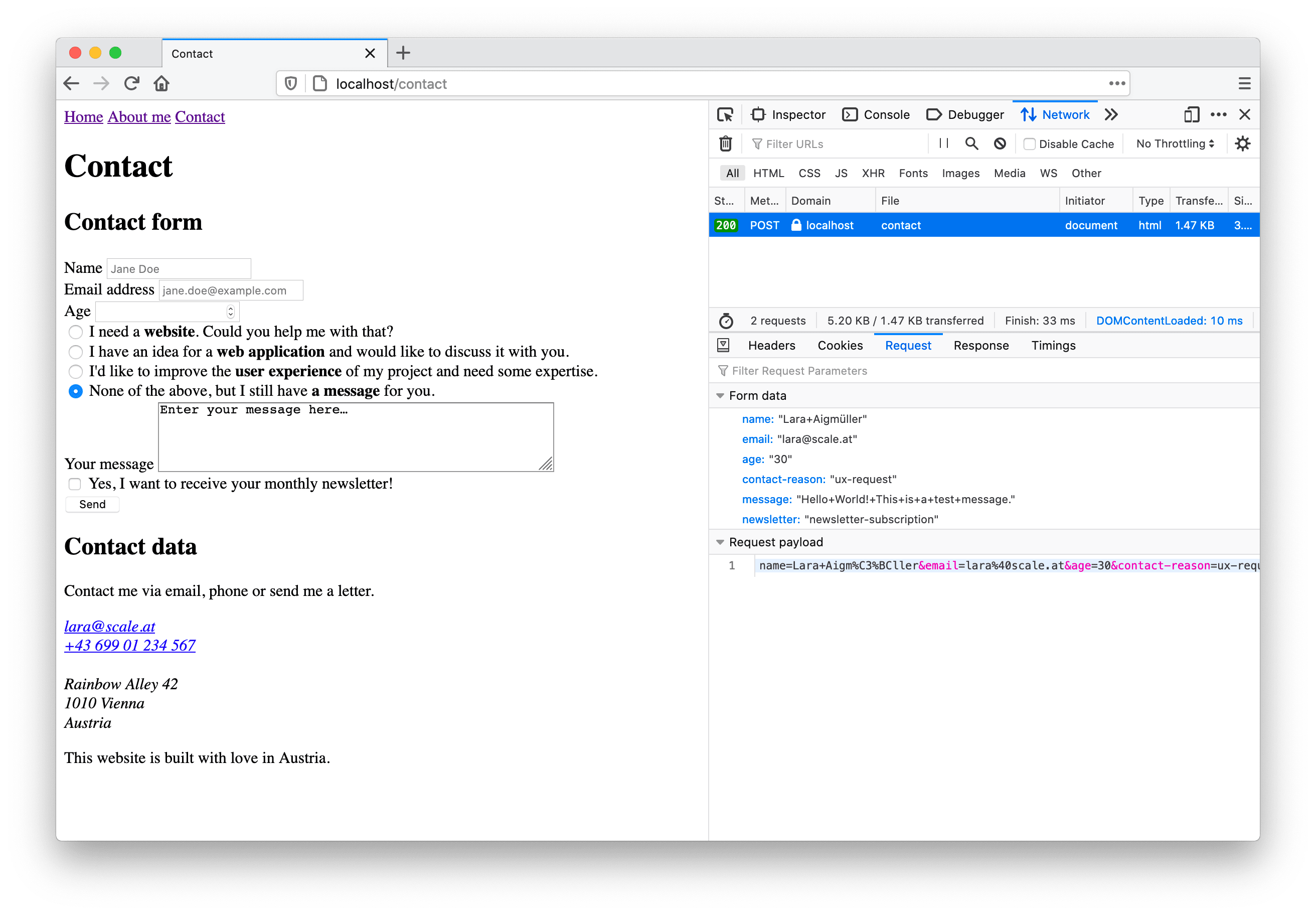 Submitted form data within the developer tool’s network tab.