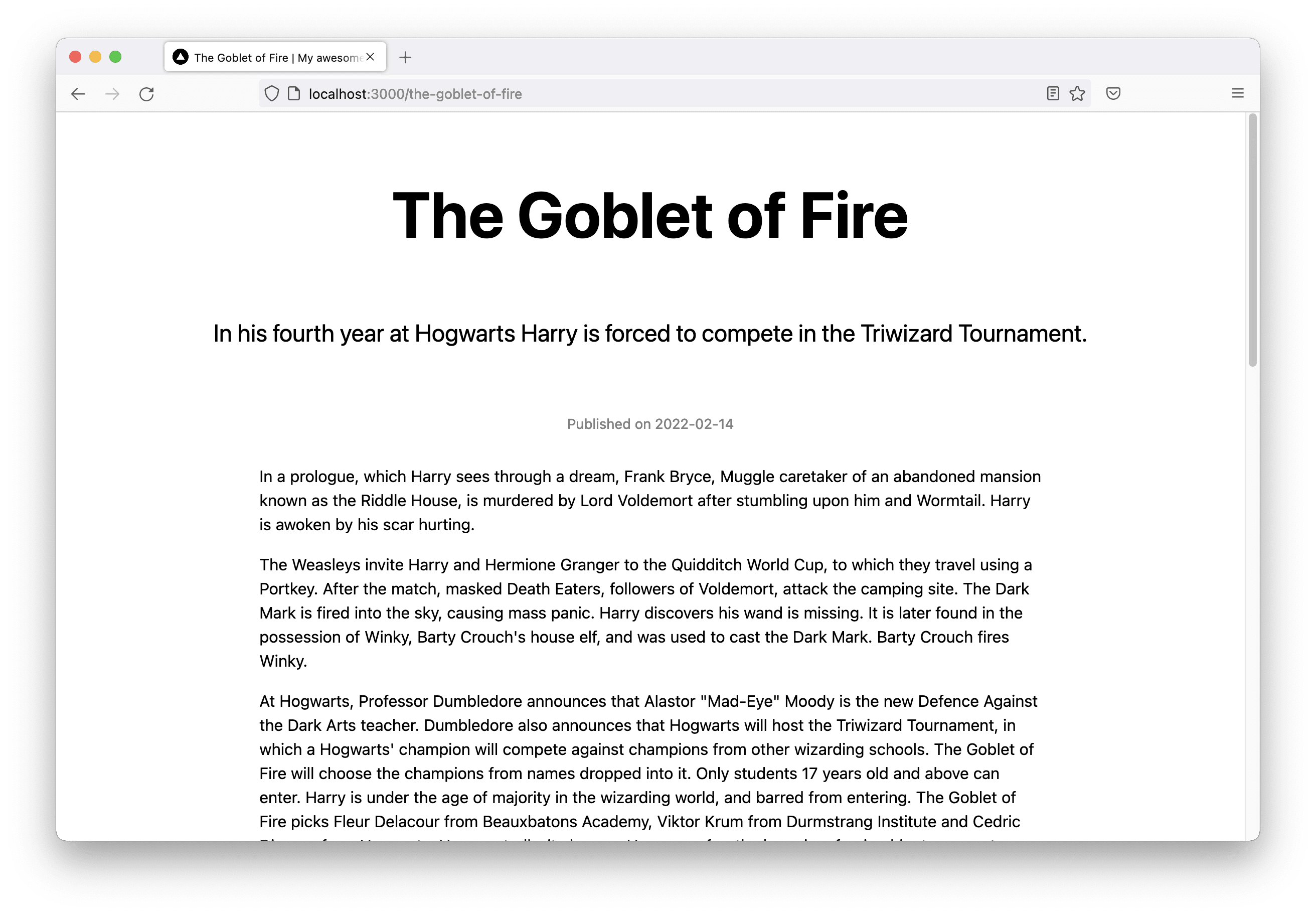 A screenshot of the first part of an article about Harry Potter and the Goblet of Fire in a Browser.