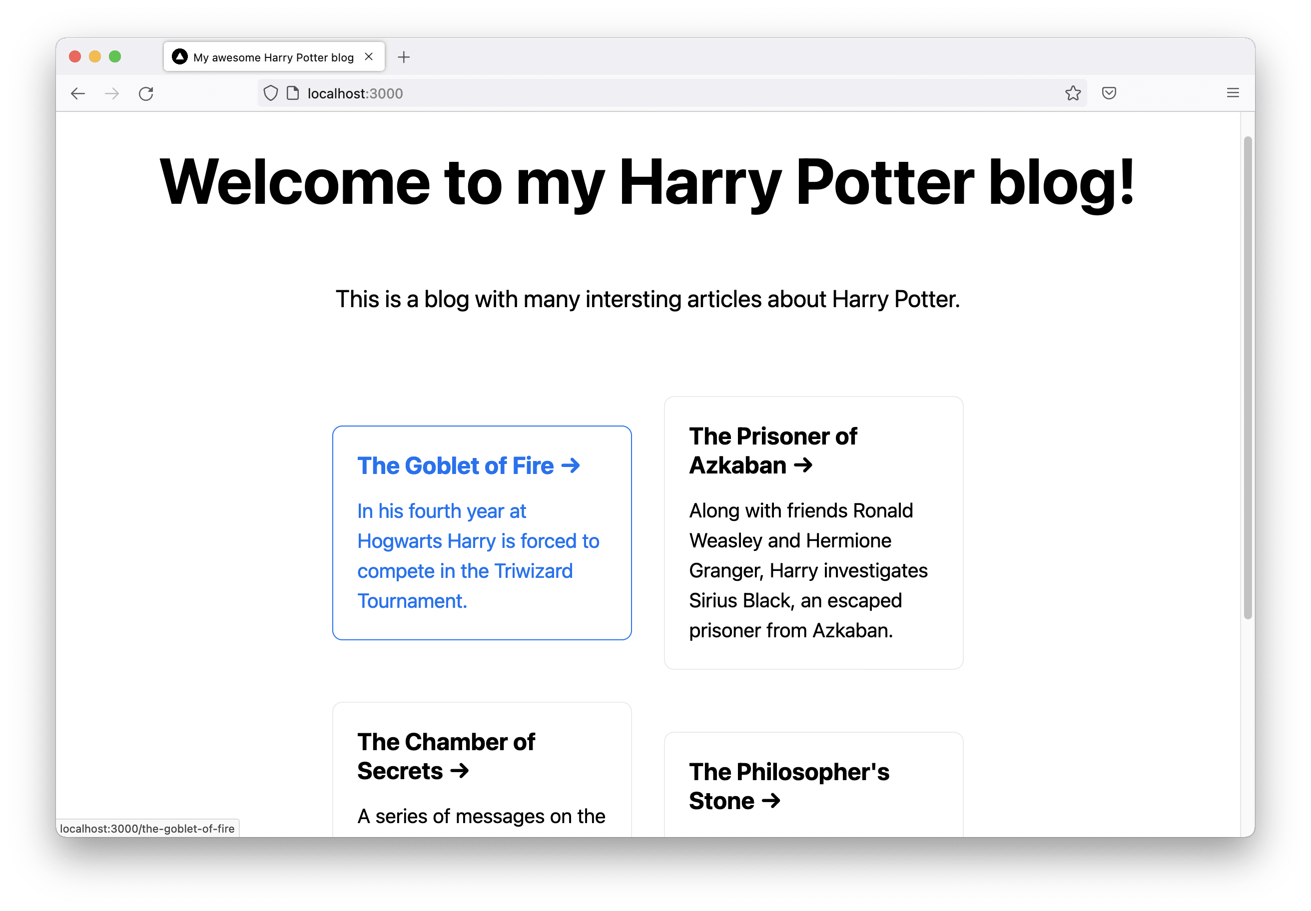 A screenshot of the homepage of my blog in a browser showing the headline and four articles about Harry Potter.