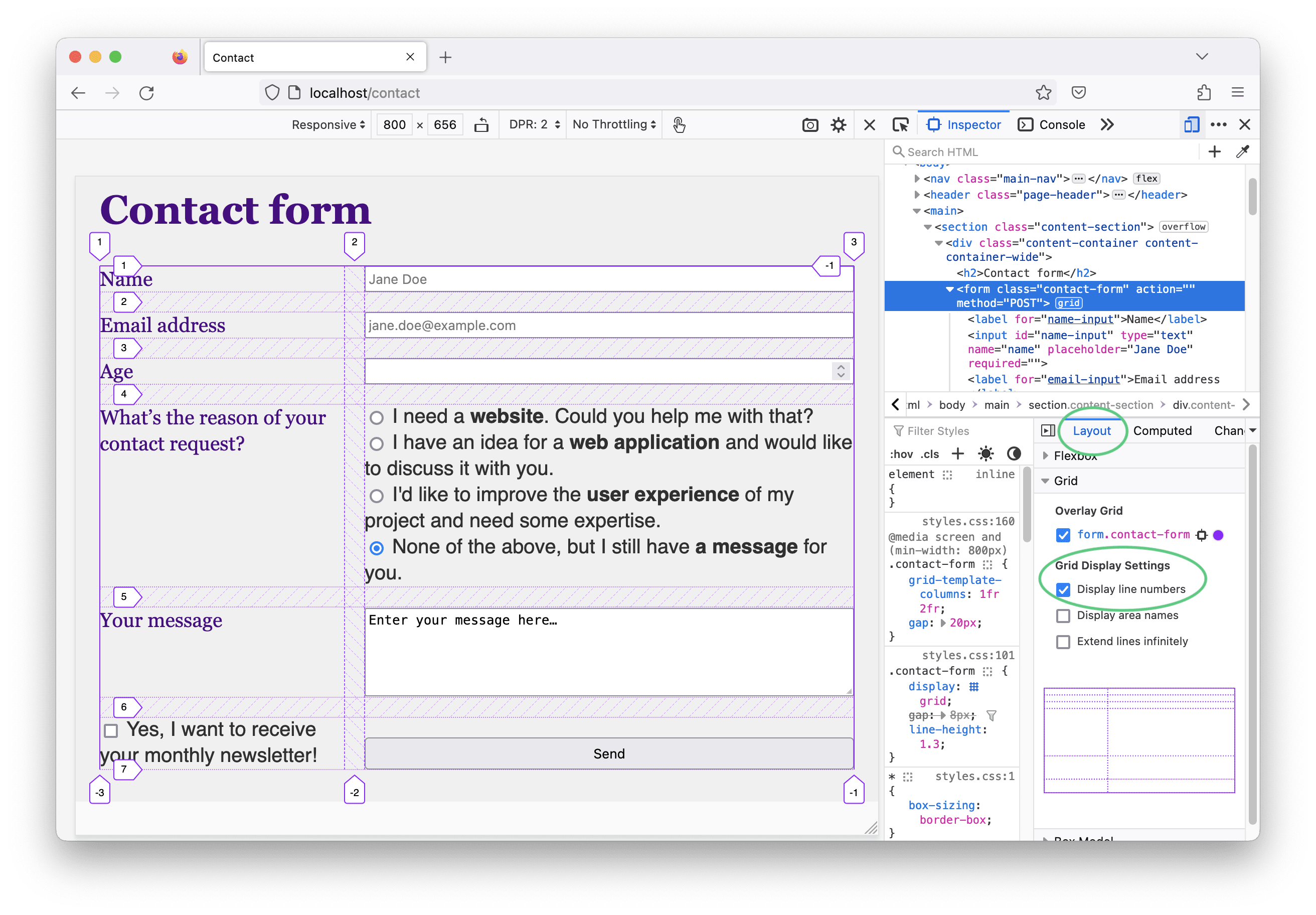 A screenshot of the contact form with the two column grid layout. The grid inspector is activated and shows the line numbers. This feature can be activated in the Firefox developer tools’s layout tab in the grid section, which is highlighted in the screenshot.